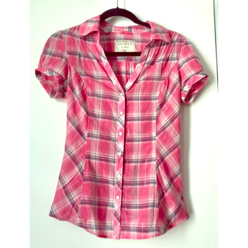 Sheer pink plaid button up blouse from Guess
